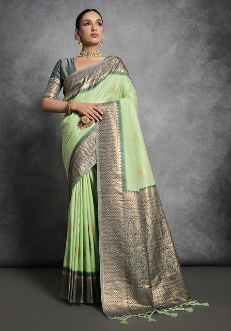 Pista Zari Woven Work Tussar Silk Saree Set