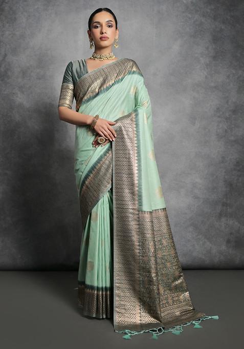 Sea Green Zari Woven Work Tussar Silk Saree Set