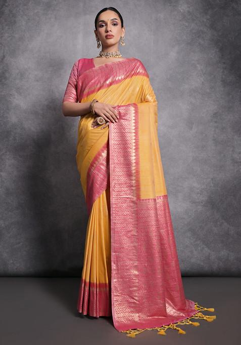 Yellow Zari Woven Work Tussar Silk Saree Set