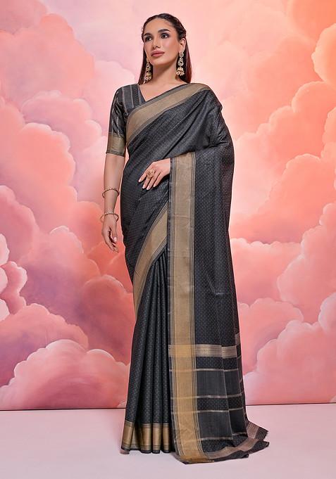 Black Weaving Work Cotton Saree Set