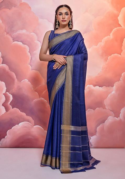 Blue Weaving Work Cotton Saree Set