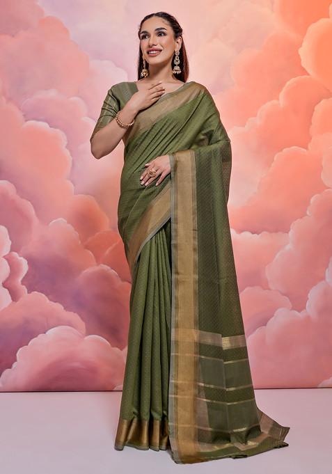 Mehendi Weaving Work Cotton Saree Set