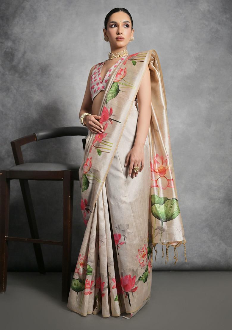Cream Lotus Print Soft Tussar Silk Saree Set