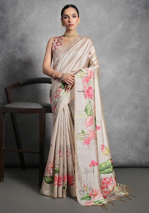 Cream Lotus Print Soft Tussar Silk Saree Set