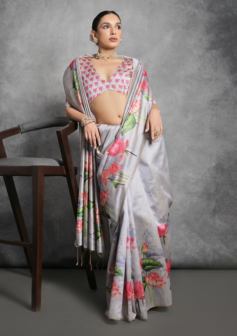 Grey Lotus Print Soft Tussar Silk Saree Set