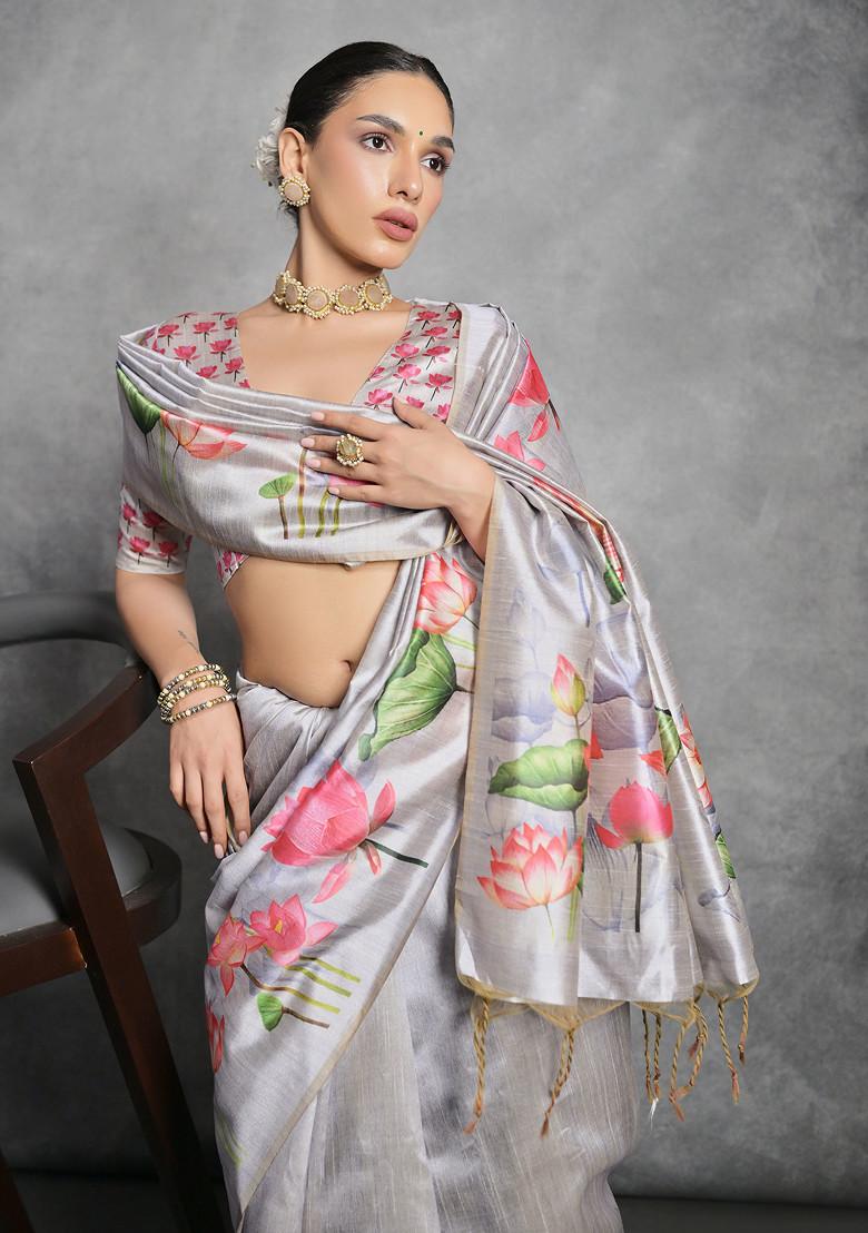Grey Lotus Print Soft Tussar Silk Saree Set