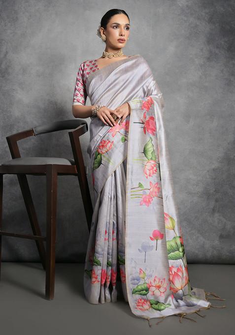 Grey Lotus Print Soft Tussar Silk Saree Set