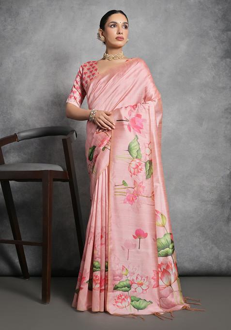 Peach Lotus Print Soft Tussar Silk Saree Set