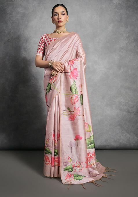 Pink Lotus Print Soft Tussar Silk Saree Set