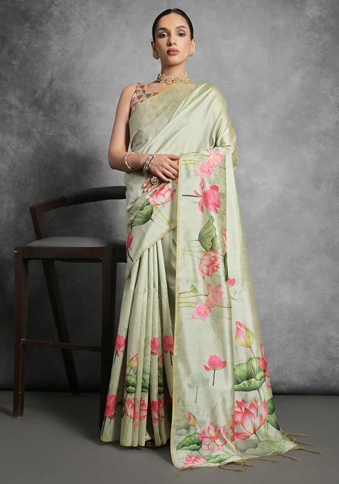 Pista Lotus Print Soft Tussar Silk Saree Set