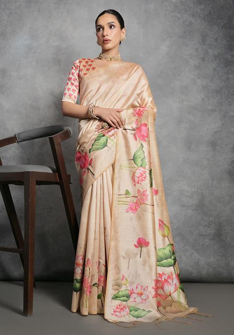 Yellow Lotus Print Soft Tussar Silk Saree Set