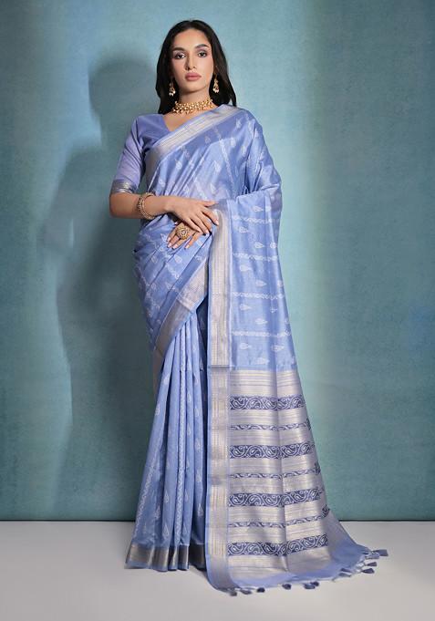 Blue Zari Woven Work Raw Silk Saree Set