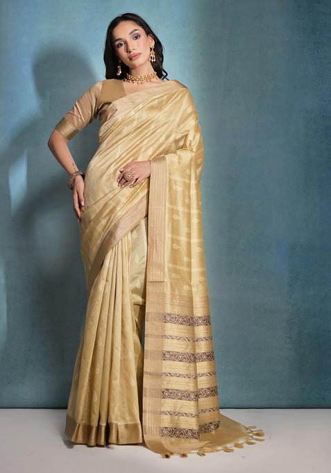 Cream Zari Woven Work Raw Silk Saree Set