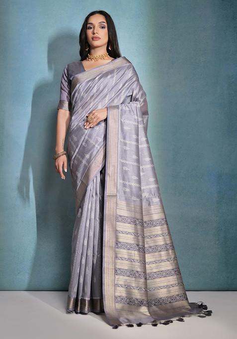 Grey Zari Woven Work Raw Silk Saree Set