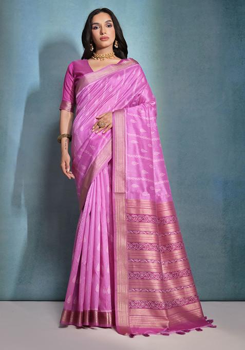 Pink Zari Woven Work Raw Silk Saree Set