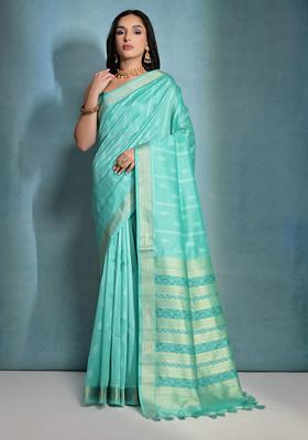 Sea Green Zari Woven Work Raw Silk Saree Set