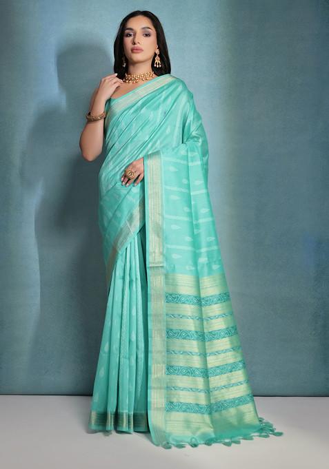 Sea Green Zari Woven Work Raw Silk Saree Set