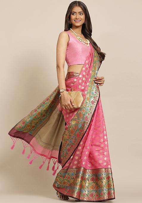 Pink Woven Design Banarasi Silk Saree Set