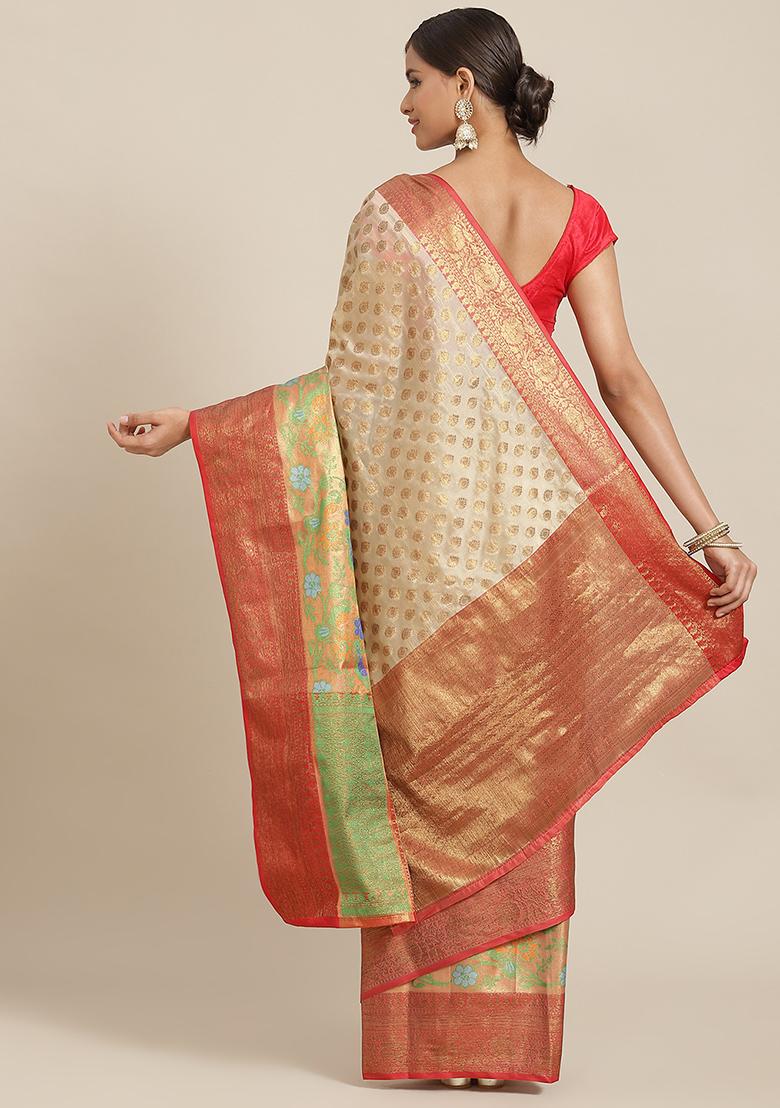 Beige Banarasi Art Silk Saree Set - Indya