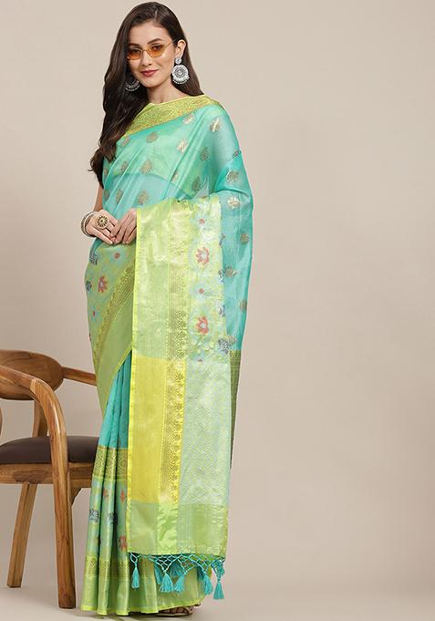 Teal Blue Zari Woven Heavy Banarasi Art Silk Saree Set