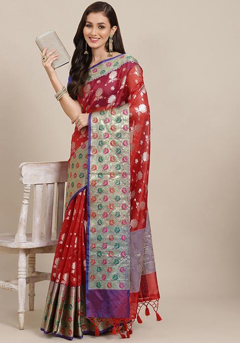 Red Zari Woven Heavy Banarasi Art Silk Saree Set