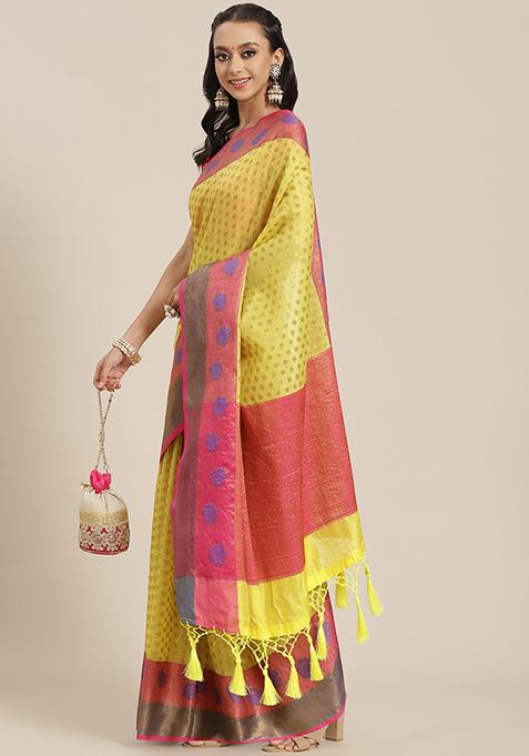 Yellow Zari Woven Khadi Saree Set