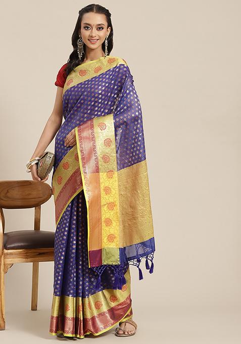 Blue Zari Woven Khadi Saree Set