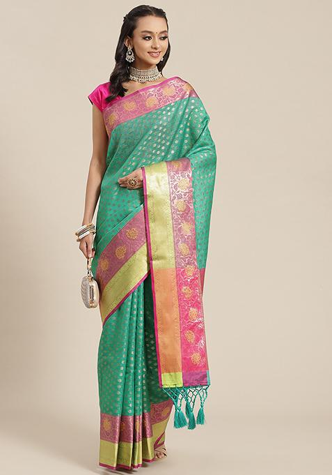 Teal Blue Zari Woven Khadi Saree Set