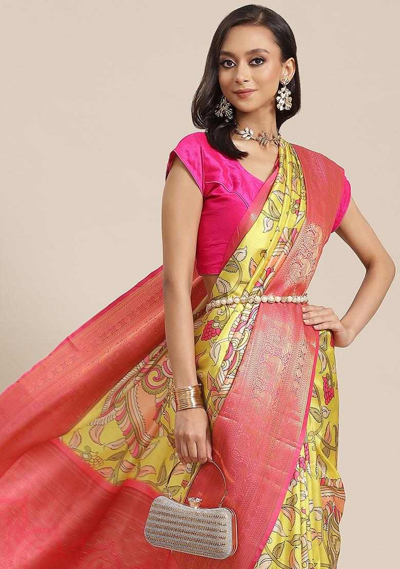 Lime Green Digital Print Banarasi Art Silk Saree Set