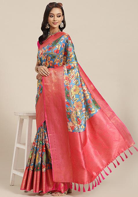 Multicolor Printed Banarasi Silk Saree Set