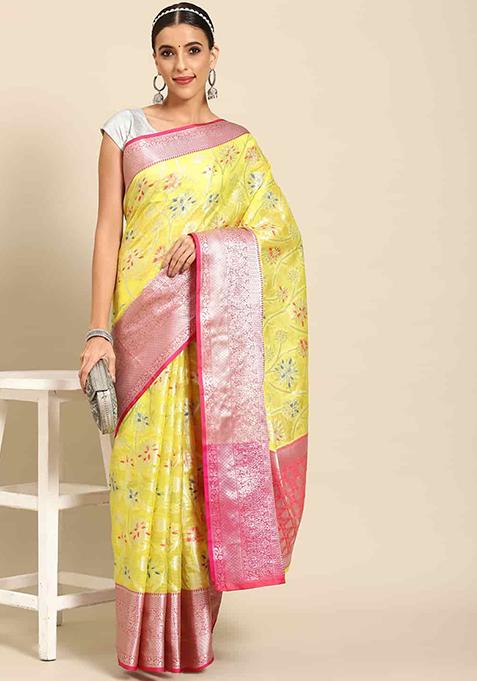 Yellow Zari Woven Brocade Silk Saree Set