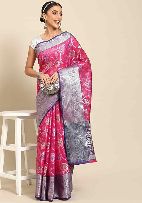 Pink Woven Brocade Soft Silk Saree Set