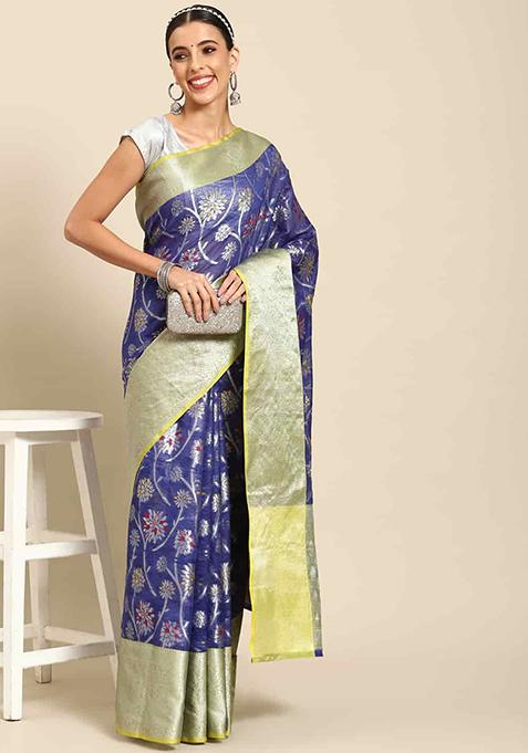 Navy Blue Zari Brocade Soft Silk Saree Set