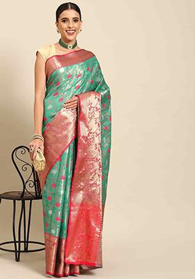 Teal Blue Zari Woven Brocade Soft Silk Saree Set
