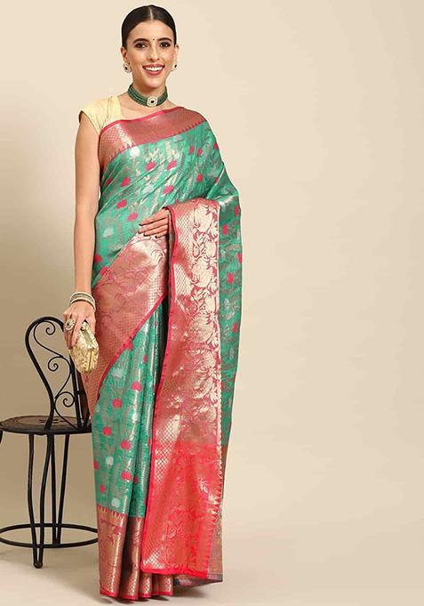 Teal Blue Zari Woven Brocade Soft Silk Saree Set