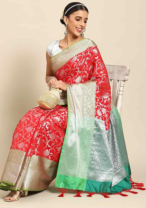 Red Zari Woven Brocade Soft Silk Saree Set