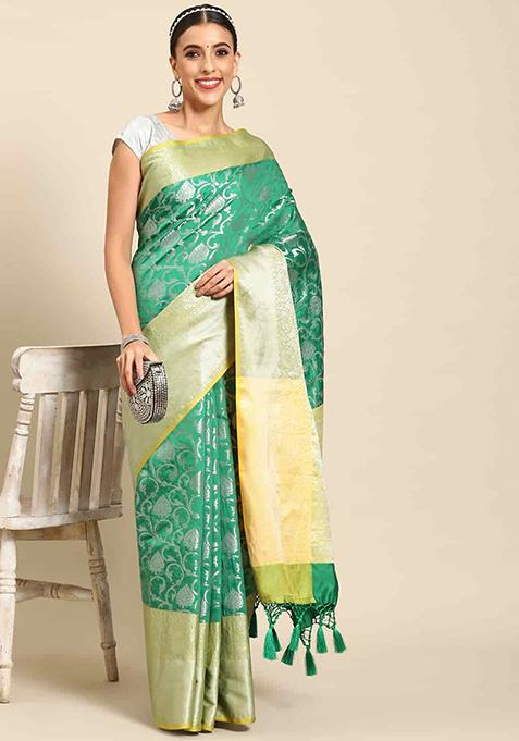 Green Zari Woven Brocade Soft Saree Set