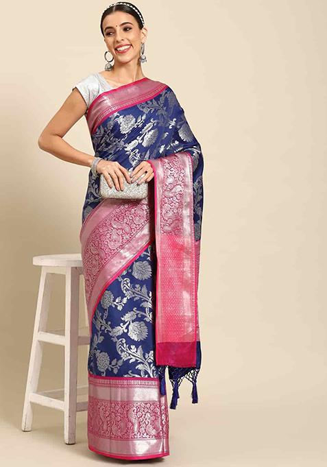 Navy Blue Zari Woven Brocade Soft Silk Saree Set