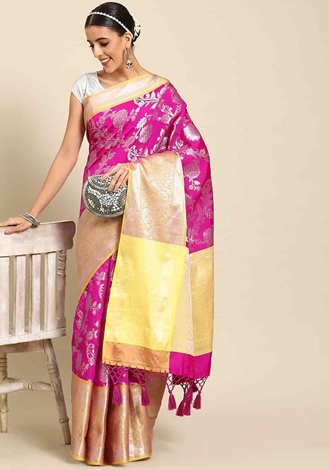 Pink Zari Woven Brocade Soft Silk Saree Set