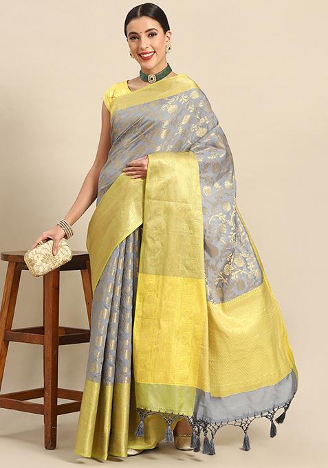 Grey Zari Woven Brocade Soft Silk Saree Set