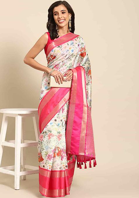 White Kalamkari Print Silk Saree Set