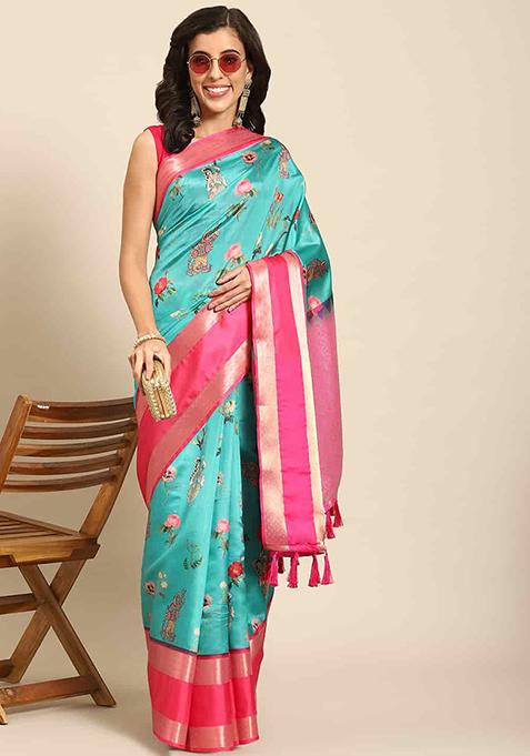 Teal Blue Kalamkari Print Silk Saree Set