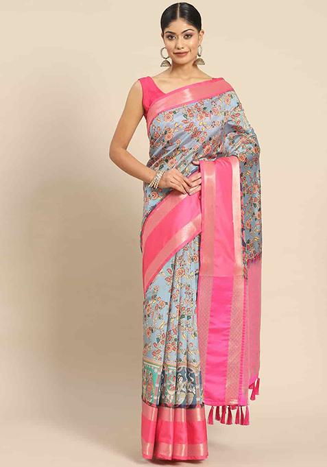 Blue Digital Print Kanjeevaram Silk Saree Set