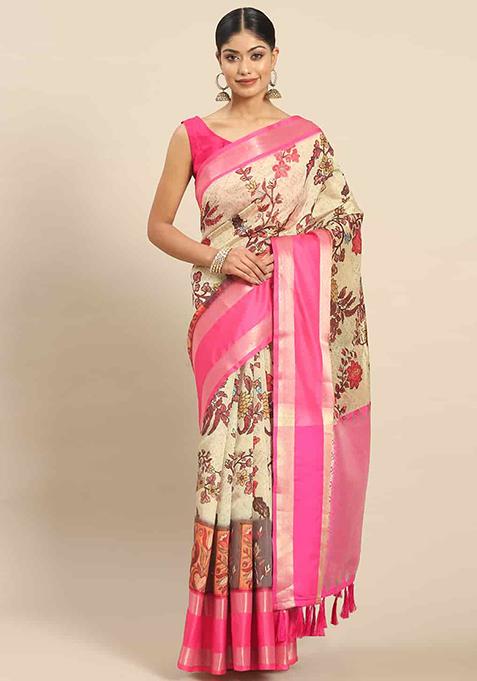 Multicolour Digital Print Kanjeevaram Silk Saree Set