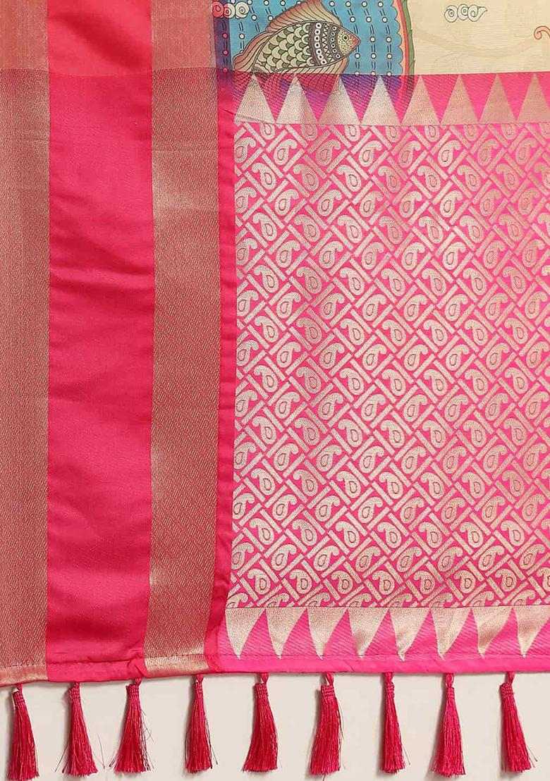 Beige Digital Print Kanjeevaram Silk Saree Set