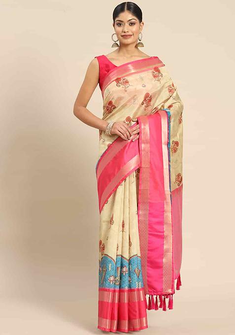 Beige Digital Print Kanjeevaram Silk Saree Set