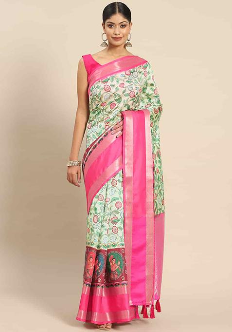 Sea Green Digital Print Kanjeevaram Silk Saree Set