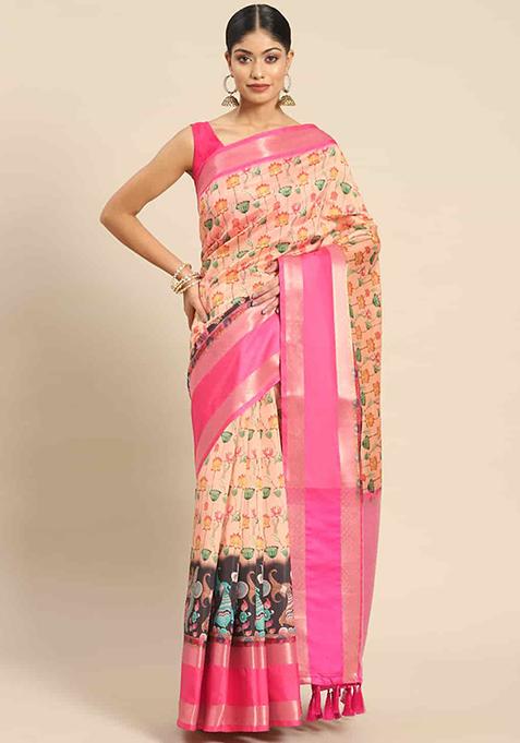 Peach Digital Print Kanjeevaram Silk Saree Set