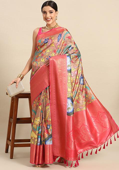 Brown Woven Kalamkari Saree Set