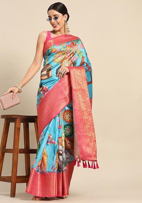 Blue Woven Kalamkari Silk Saree Set